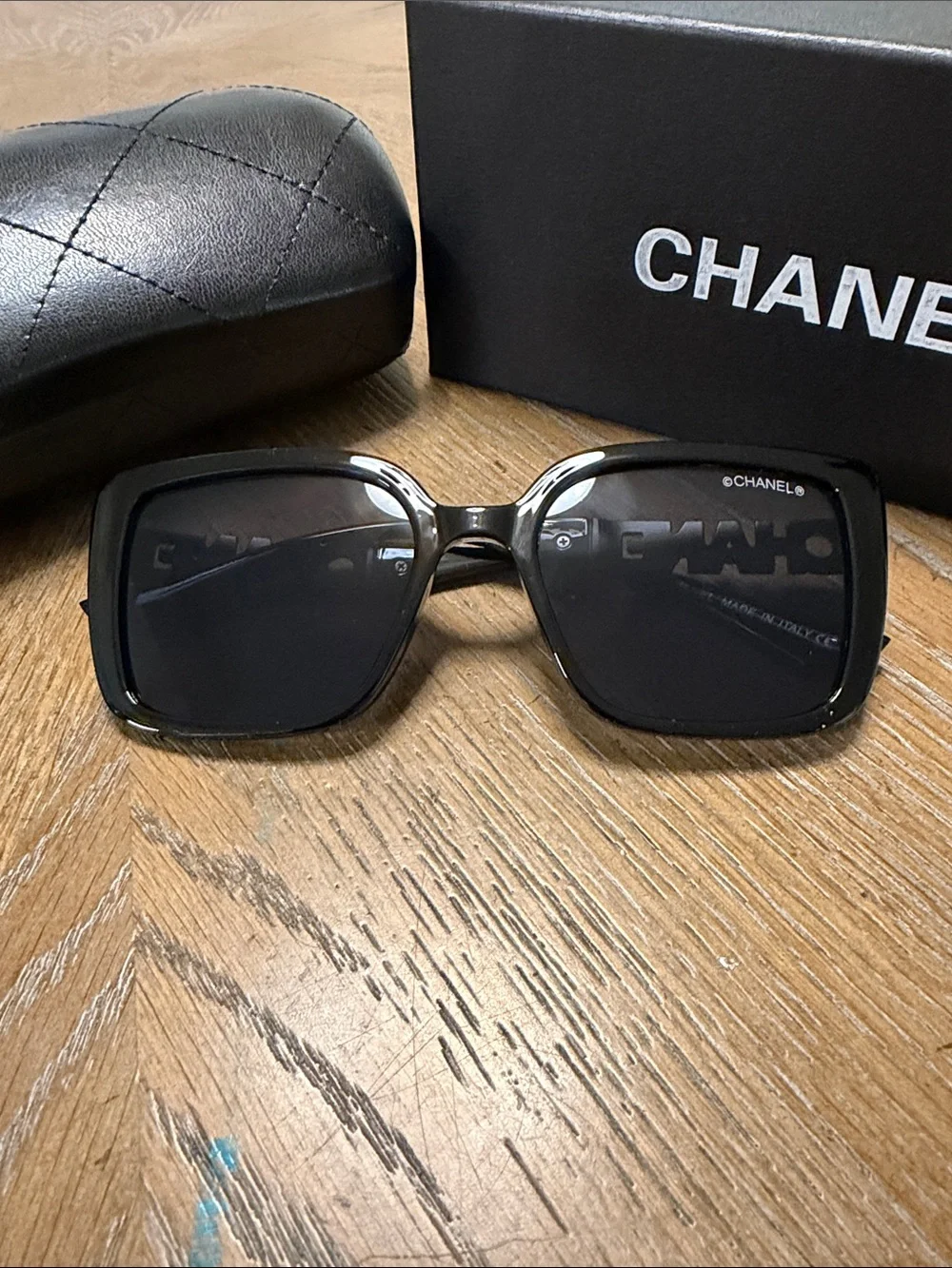 CHANEL Black Square Frame Sunglasses with Dark Lenses